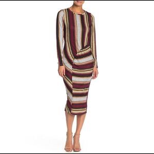 SUPERFOXX Striped Knit Jersey Long Sleeve Side Ruching Dress Nwt